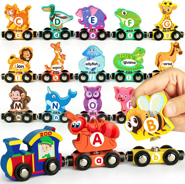 Helsort Wooden Alphabet Train Set for Toddlers Magnetic ABC Train with Snap-Connection, Animal-Themed