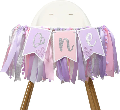 Agvgaza Pink & Purple Butterfly 1st Highchair Banner for Girls - Spring Butterfly