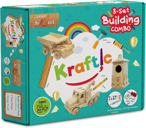 Kraftic Woodworking Building Kit for Kids and Adults, 3 Educational DIY Projects - Tow Truck, Birdhouse, Dump Truck
