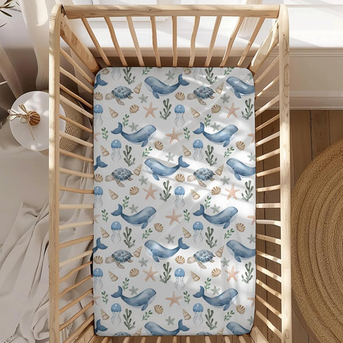 KuphiL10C Mattress-28x52 Watercolor Ocean Whales Sea Turtle Starfish Seashells Pattern Baby Sheets for Crib, Unisex Sea