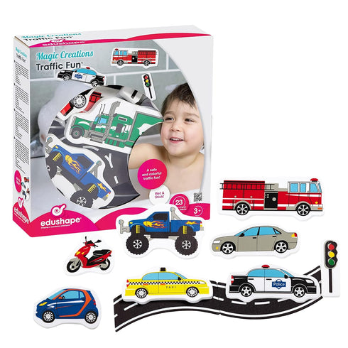 Edushape Magic Creations, Traffic Fun - Baby Bath Foam Toys, Stick-On Removable Foam Bath Toys for Toddlers 1-3