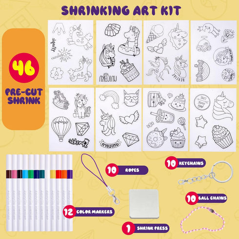 Yrinfay 89PC 46 12 DIY Unicorn Shrinking Plastic Art Kit - Pre-Cut Shapes, Markers & Accessories - Make Charms