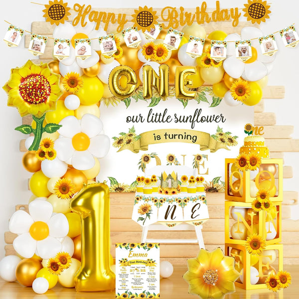 Hombae Sunflower First Party Decorations, 132 PCs Sunflower 1st Birthday Decorations Backdrop Balloon