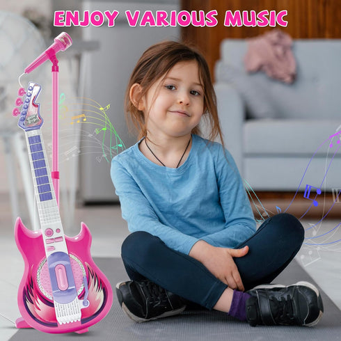 TG4 Set Contixo Musical Guitar and Microphone for Kids, Purple Electric Guitar Toys Starter Kit with Adjustable Height