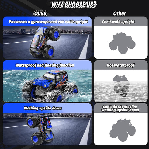 1:14 2 Sets 4WD 6-12 Waterproof Remote Control Car, Front & Rear Wheelie Monster Truck, Amphibious RC Truck
