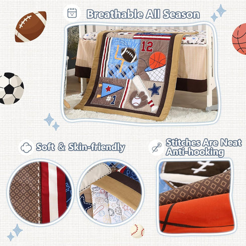 Set 3PCs Set Sets 38x24 Wowelife Sports Mini Crib Bedding Boys Brown Mini Crib Comforter Basketball Baseball Rugby