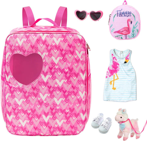 Ecore Fun 18 Inch Girl Doll Carrier Bag with Doll Clothes, Accessories, Dress, Backpack, Shoes, Sunglasses, Toy Lamb