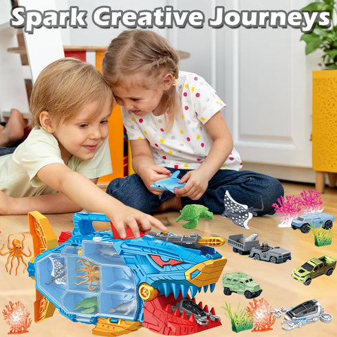 18 Playset 3+ Shark Toy & Deep Sea Creatures Ocean Animal Toys with Truck Cars, Piece Educational for Kids Ages Years