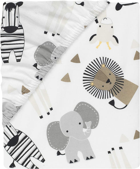 100% Lambs & Ivy Jungle Safari Cotton White/Gray Elephant/Lion Fitted Crib Sheet
