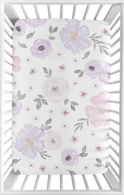 Sweet Jojo Designs Baby Girl Fitted Mini Crib Sheet - Lavender Purple, Pink, Grey, White Watercolor Floral Collection