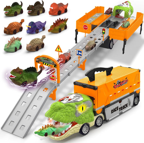 Dinosaur Carrier Truck Race Track Toys for Kids 3-5, Large Toy Cars