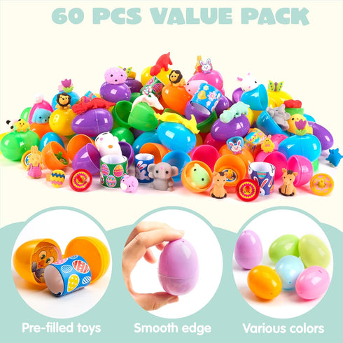 2.2' 60 JOYIN PCS Prefilled Pastel Eggs with Assorted Toys, Stuffed Toys for Easter Egg Hunt, Kids Basket Stuffer