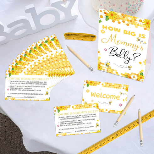 Set Mommy's 64 50 10 3 WNINK Guess Baby Shower Games How Big is Belly Sign, Pcs Measure Bump Game with Guessing Cards