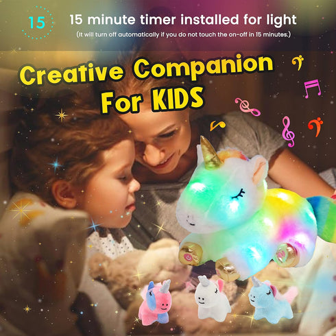 Hopearl LED Musical Unicorn Playset, Singing Plush Toy with 3 Baby Unicorns, Adjustable Volume, Gifts for Kids