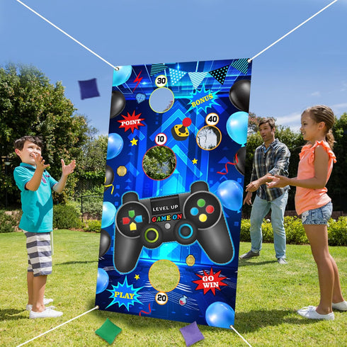 Video Game Toss Games: Level Up Game Controller Banner Backdrop with 3 Bean Bags for Kids - Blue Gaming Party Supplies