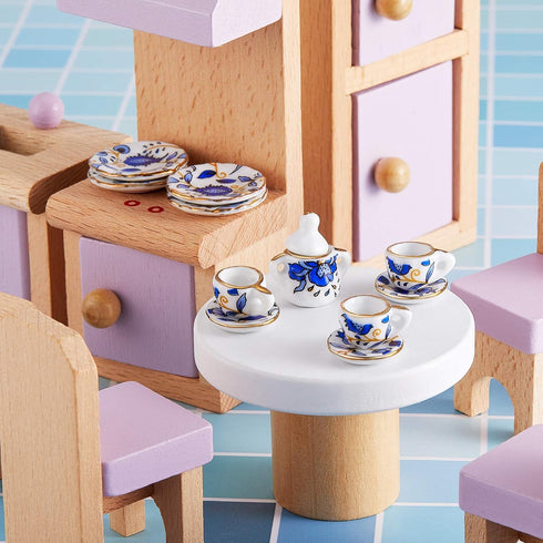 15 Pieces Miniature Porcelain Tea Cup Set, Mini Flower Pattern Teapot, Dollhouse Kitchen Accessories (Retro Flower