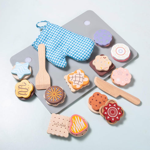 28pcs Playset, Set Wooden Cookie Maker Toy Kitchen Accessories, Kids Play Kitchen Cutting and Baking Food Toys Cookies
