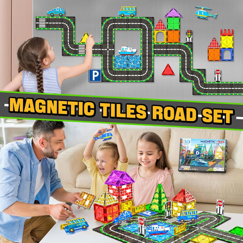 Set 3-5 4-8 5-7 Pack 42pcs KAEILORU Magnetic Tiles Road with Car Magnet Building Tile Toys for Kids Ages Magnetic
