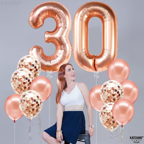 KatchOn Rose Gold 30 Balloon Numbers Set - Giant 40 Inch | 30th Birthday Decorations for Women with Confetti Balloons