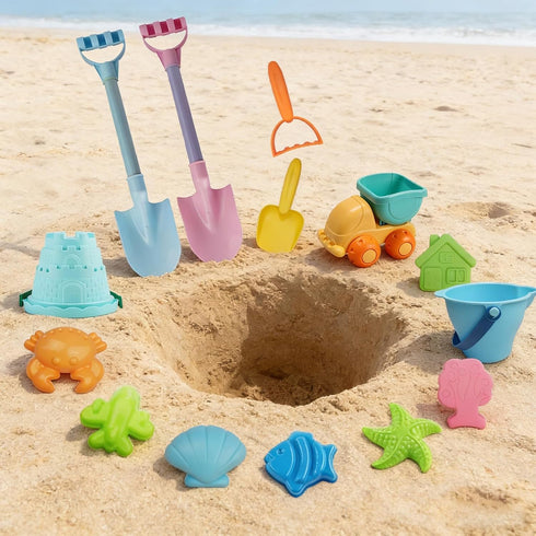 Set 1and (15 3+ IOKUKI Long Shovels Sand Toys with Mesh Bag Including Dump Truck, Beach Buckets, Shovels, Rakes, Molds