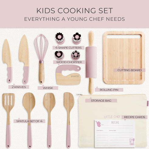 Set Wooden Cooking & Baking for Kids - Safe & Real Kitchen Tools Give Toddlers a Fun Cooking Experience - Durable