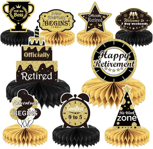 9PCS Gold Retirement Party Decorations - Centerpiece Honeycomb Glitter Table Toppers for Happy Retirement Supplies
