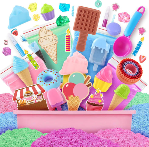 2lb Set 3 4 5 6 7 8 Golray Ice Cream Sensory Bin for Girls, Play Sand Art Kit with Sandbox, Magic Sand, Cake & Waffle