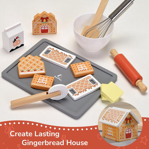Playset 29 3D 3+ PairPear Gingerbread House Baking Piece Wooden Christmas Cookie Baking Kit, Toy Cookie Play Food