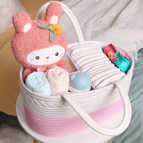 ABenkle Diaper Caddy Organizer, Boho Rustic Cotton Rope Nursery Baby Basket, Changing Table Organizer for Baby Diaper