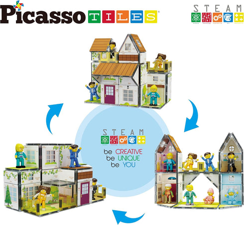 PicassoTiles Magnet Tile Building Block Family Homestead Doll House Playset, 8 Character Action Figures, STEM Kit