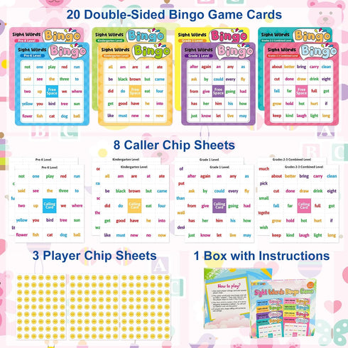 Set 3rd Fancy Land Sight Word Bingo Game Kids Adults Dolch's & Fry's Words Lists Bingo for Pre-k to Grade Educational