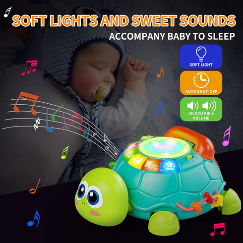 6 12 Tummy 12-18 6 7 8 9 10 1 2 Letapapa Baby Toys to Months, Time Toy for Months, Musical Turtle Crawling Toys