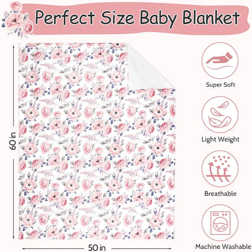 50 60 Inches Baby Blanket for Girls, Super Soft Double Layer Mink Blankets with Dotted Backing, Floral Newborn Nursery