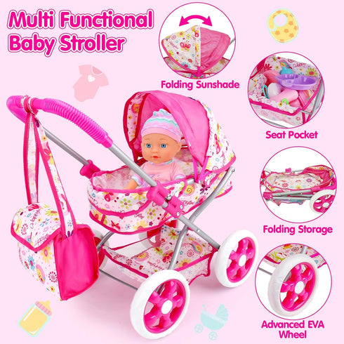 Set 3-5 4-6 5-7, Playset 11" 20PCS 2 3 4 5 Baby Doll Stroller Toys for Girls Toddlers Baby Doll with Doll, Bathtub
