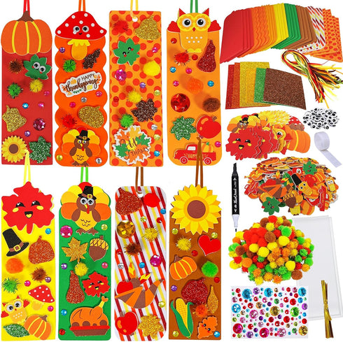 Winlyn 32 Sets Fall Crafts Kits, DIY Fall Bookmarks Decorations Art Sets with Maple Leaves, Smile Face, Owl, Turkey,