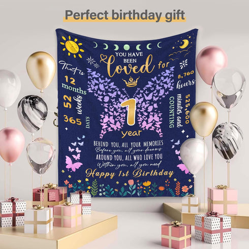 1 Year Old Girl Gifts for 1st Birthday Blanket, 1st Birthday Gifts for One Year Old Girl, Baby Girl First Birthday Gift Blanket, 50"x40" Happy 1st Birthday Throw Blanket, Butterfly by CIUGOIG
