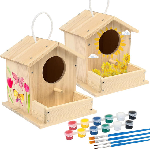 LotFancy DIY Wooden Bird House Kit, 2 Pack, Arts and Crafts Painting Set for Kids and Adults, Includes Paints & Brushes