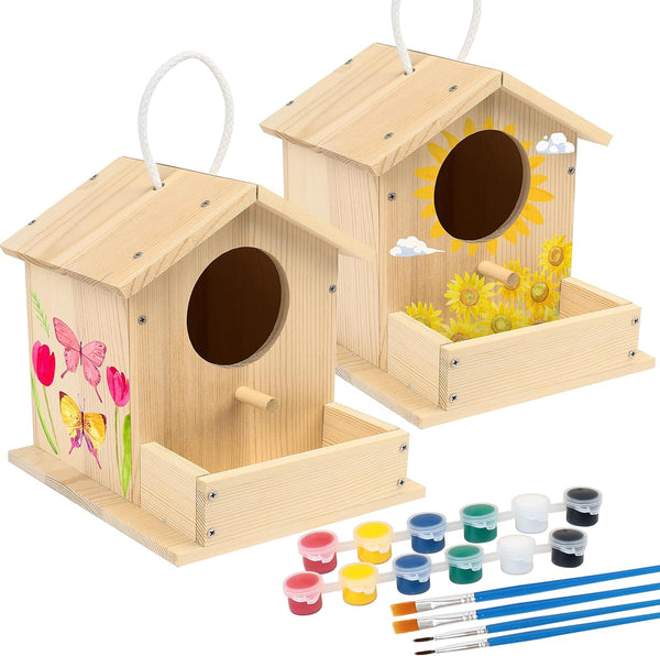 LotFancy DIY Wooden Bird House Kit, 2 Pack, Arts and Crafts Painting Set for Kids and Adults, Includes Paints & Brushes