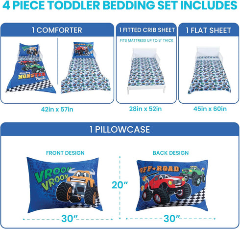 Set 4-Piece Sets Todays Kids Monster Trucks Toddler Bedding for Boys - Toddler Bed Comforter for Boys, Reversible