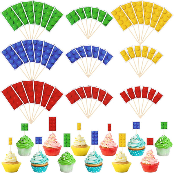 48 Pieces Color Building Block Themed Cupcake Toppers, Party Favors & Decorations for Adults