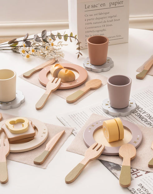 Set, 29PCS ROBOTIME Play Kitchen Dishes Wooden Toddler Plates and Dishes for Boys Girls Gifts