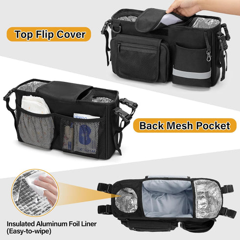 Parent Console Stroller Organizer Compatible with WONDERFOLD W&X, Black, with 2 Insulated Cup Holders and Removable
