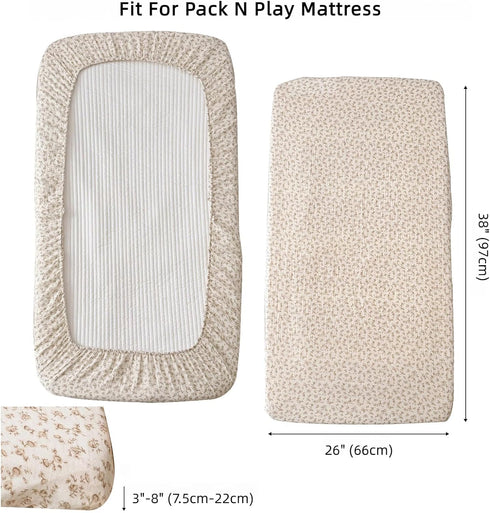 Pack 38"x26", 2 Pack 100% 360 BuLuTu Muslin N Play Mattress Sheets Mini Crib Fitted Sheets for Girls Boys, Cotton Soft