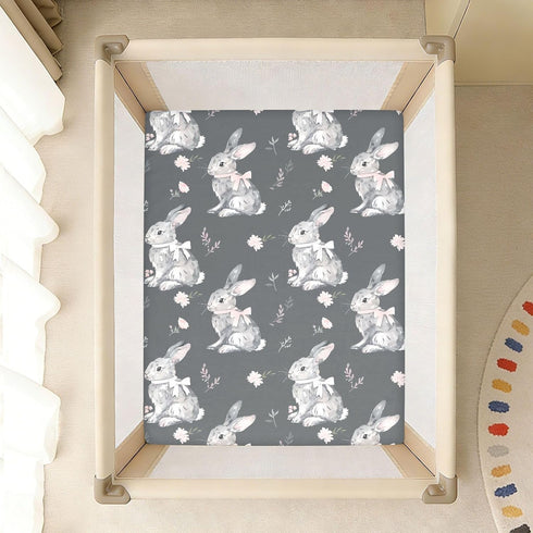 KICPOAY 52x28 Bunny Bow Flower Easter Toddler Bed Crib Sheets Baby Crib Sheets Cover for Soft Mini Crib Mattress