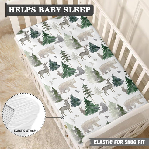 JEPFEIXIA 28"x52" Woodland Forest Animals Fitted Crib Sheet for Boys Girls Watercolor Pine Tree Baby Sheet for Standard