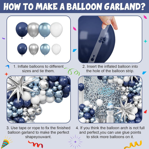 Blue Silver Balloon Arch Kit, Navy Blue Silver White Balloon Garland with Metallic Light blue silver Balloons Star Foil