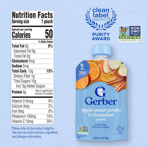 2 2 12-Pack Gerber Stage Baby Food, Apple Sweet Potato Cinnamon Puree Pouch, Servings of Fruit & Veggie, No Added