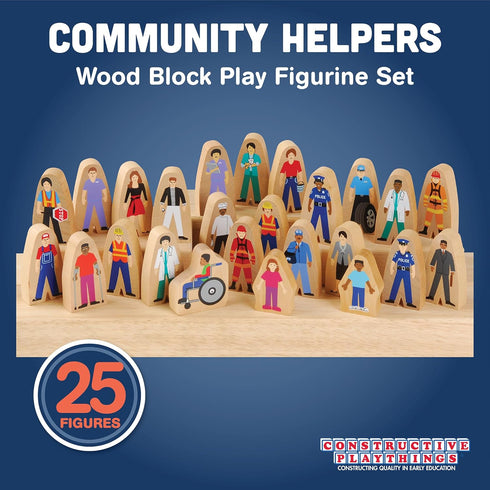 Constructive Playthings 25-Piece Wooden Community Helpers Figurine Set, Inclusive Diverse Wood Toy for Kids 3+