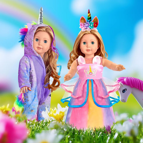 2-Sets 18-inch Set 18 inch WONDOLL American Doll Clothes - Amazing Rainbow Unicorn Clothes with Hair Clip and Headband