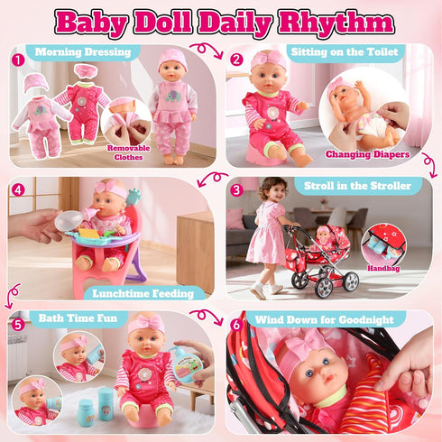 HuceePlay Set 3-5, 12.5" 2 Sets Playset 3 4 5 Baby Doll Stroller for Toddler Girls A Babydoll with Baby Doll